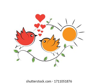 Two birds on love with hearts illustration, vector. Cute birds on branch. Childish poster design. Cartoon character. Wall art, wall decals, artwork, art design