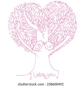 Two birds on love tree, abstract hand drawn illustration