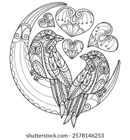 Two birds on the moon hand drawn for adult coloring book