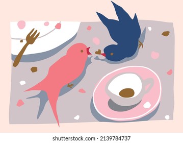 two birds on a outdoor coffee table, one bird is feeding the other a heart shaped crumb