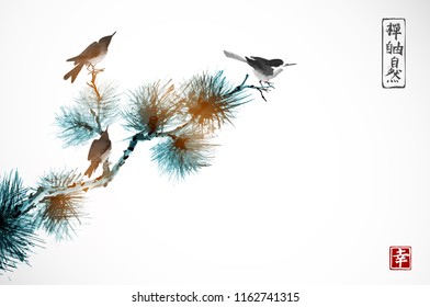 Two birds on pine tree. Traditional oriental ink painting sumi-e, u-sin, go-hua.  Hieroglyphs - zen, freedom, nature, happiness.