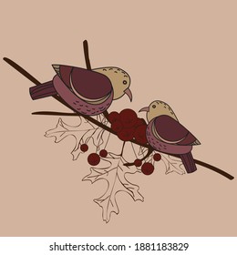 Two birds on a tree branch with berries, card, vector