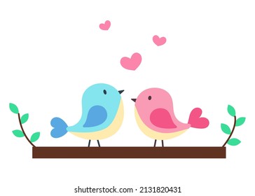 Two birds on tree branch. Cute illustration in cartoon flat style. Spring, love and Valentine day concept. Print for cards, clothes, textile, design and decor. 