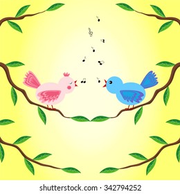 Two birds on tree branch singing a music song 