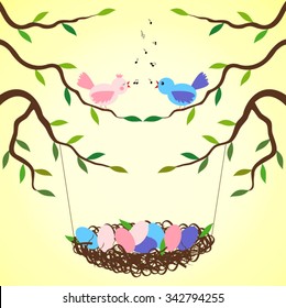 Two birds on tree branch singing a music song 