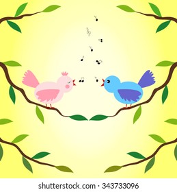 Two birds on tree branch singing a music song 