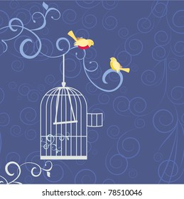 two birds on the tree brunch in love out from cage