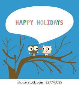 Two birds on the tree. Card for decoration.