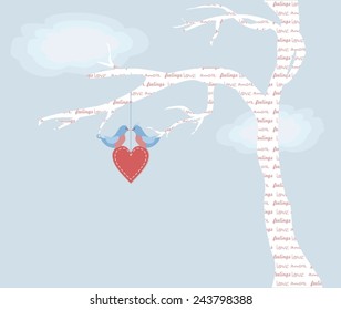 Two birds on tree. Love theme. St. Valentine's Day card. Vector