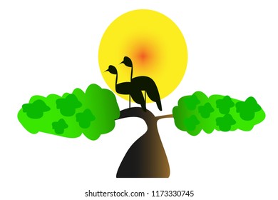 two birds on tree and moonlight on white background vector.