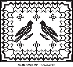 Two birds on the tree pixel art. Vector illustration 