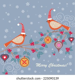 Two birds on a tree - vector winter background