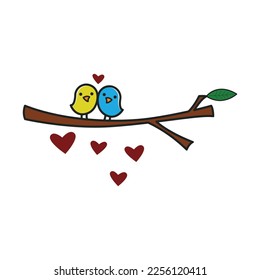 Ilustración vectorial de dos pájaros que se aman en una rama de árbol. Diseño artístico de dibujos animados.