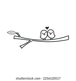 Two birds on a twig line style, vector illustration.