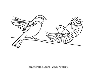 Two birds in outline one perched and one in flight simple vector illustration