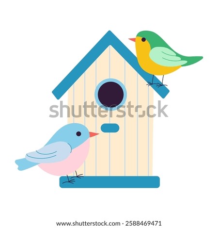 Two birds are perched on a birdhouse. The birdhouse is white and blue. The birds are of different colors
