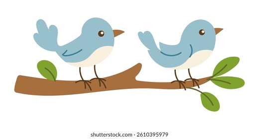 Two birds are perched on a branch. The birds are blue and white. The branch is green and brown