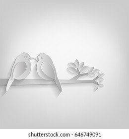  Two birds perched on a branch of a tree paper cut style background, vector illustration.
