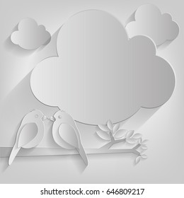  Two birds perched on a branch of a tree paper cut style on cloud background, vector illustration.