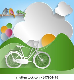 Two birds perched on a branch of a tree and Bicycle, balloon, sun and meadow on cloud background, paper cut style. vector illustration.