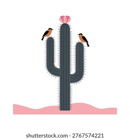 Two birds perched on a saguaro cactus in a desert landscape