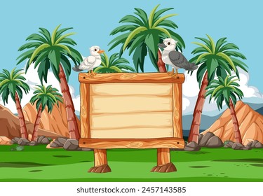 Two birds perched on a sign in a tropical setting.