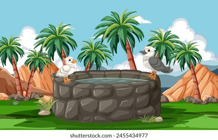 Two birds perched on a well in a tropical setting