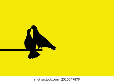 Two birds perched together, sharing a tender moment, symbolizing love, companionship, and unity against a bold yellow background.