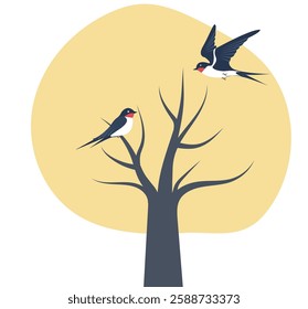 Two birds perched in a tree against a soft yellow background during a calm afternoon