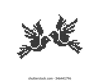 Two birds. Pigeons. Embroidery. Vector.