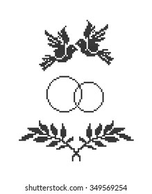 Two birds. Pigeons. Wedding rings. Element embroidery. Vector. 