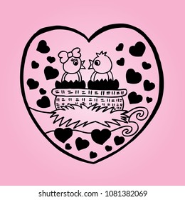 Two birds and pink background. Doodle vector illustration.