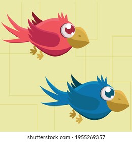 Two birds in profile of different colors: pink and blue fly from left to right.