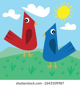 duas aves vermelhas e azuis no campo