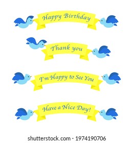 Two birds and a ribbon heading with a message. A set of vector illustrations.