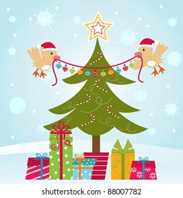 Two birds in Santa hats decorating Christmas tree