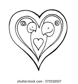 Two birds in shape of half heart. Valentine's Day background. Hand drawn vector illustration in cartoon style