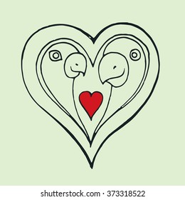 Two birds in shape of half heart. Valentine's Day background. Hand drawn vector illustration in cartoon style