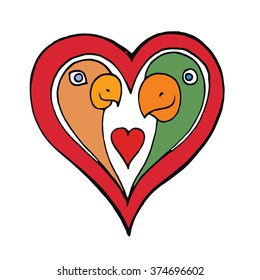 Two birds in shape of half heart. Valentine's Day background. Hand drawn vector illustration in cartoon style