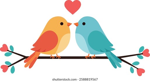 Two birds share a kiss under a love heart.
