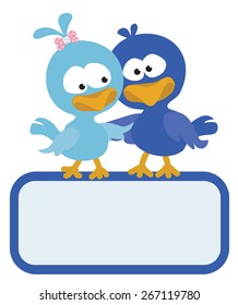 Two birds with sign