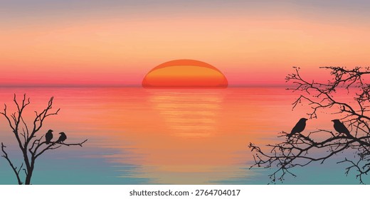 Two birds are silhouetted against a vibrant sunset, perched on the bare branches of a tree overlooking a body of water. The sun, a large orange orb, is setting on the horizon, casting a warm glow and reflection on the waters surface.