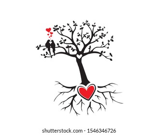 Two Birds silhouettes in love on Tree, Vector, Tree with heart with root, Wall Decals, Wall artwork, Birds on Branch, Art Design, Wall Decoration isolated on white background. Natural wall decor