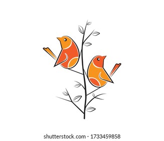 Two birds silhouettes on branch, vector. Colorful birds illustration isolated on white background. Cartoon art design. Wall decals, artwork. Childish wall art design