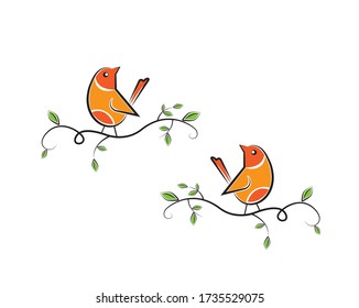 Two birds silhouettes on branch, vector. Colorful birds illustration isolated on white background. Cartoon art design. Wall decals, artwork. Childish wall art design