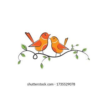 Two birds silhouettes on branch, vector. Colorful birds illustration isolated on white background. Cartoon art design. Wall decals, artwork. Childish wall art design