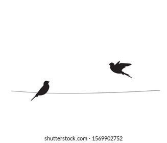 Two birds silhouettes on wire, vector. Flying bird silhouette, illustration. Wall decals, wall art work. Scandinavian minimalist poster design isolated on white background