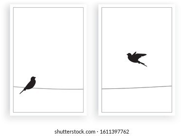 Two birds silhouettes on wire, vector. Flying bird silhouette, illustration. Wall decals, wall art work. Scandinavian minimalist two pieces poster design isolated on white background