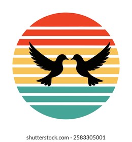 Two birds sillhouette on retro striped vintage background vector art illustration