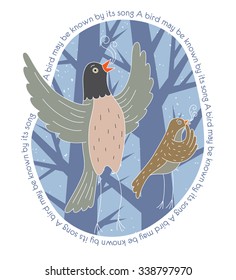 Two birds singing in the forest. A bird may be known by its song proveb illustration.